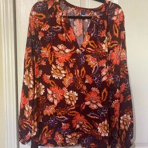 Floral V-Neck Blouse - Red and Orange
